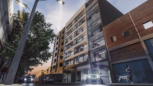 Render de fachada del edificio del proyecto Martín Rozas
