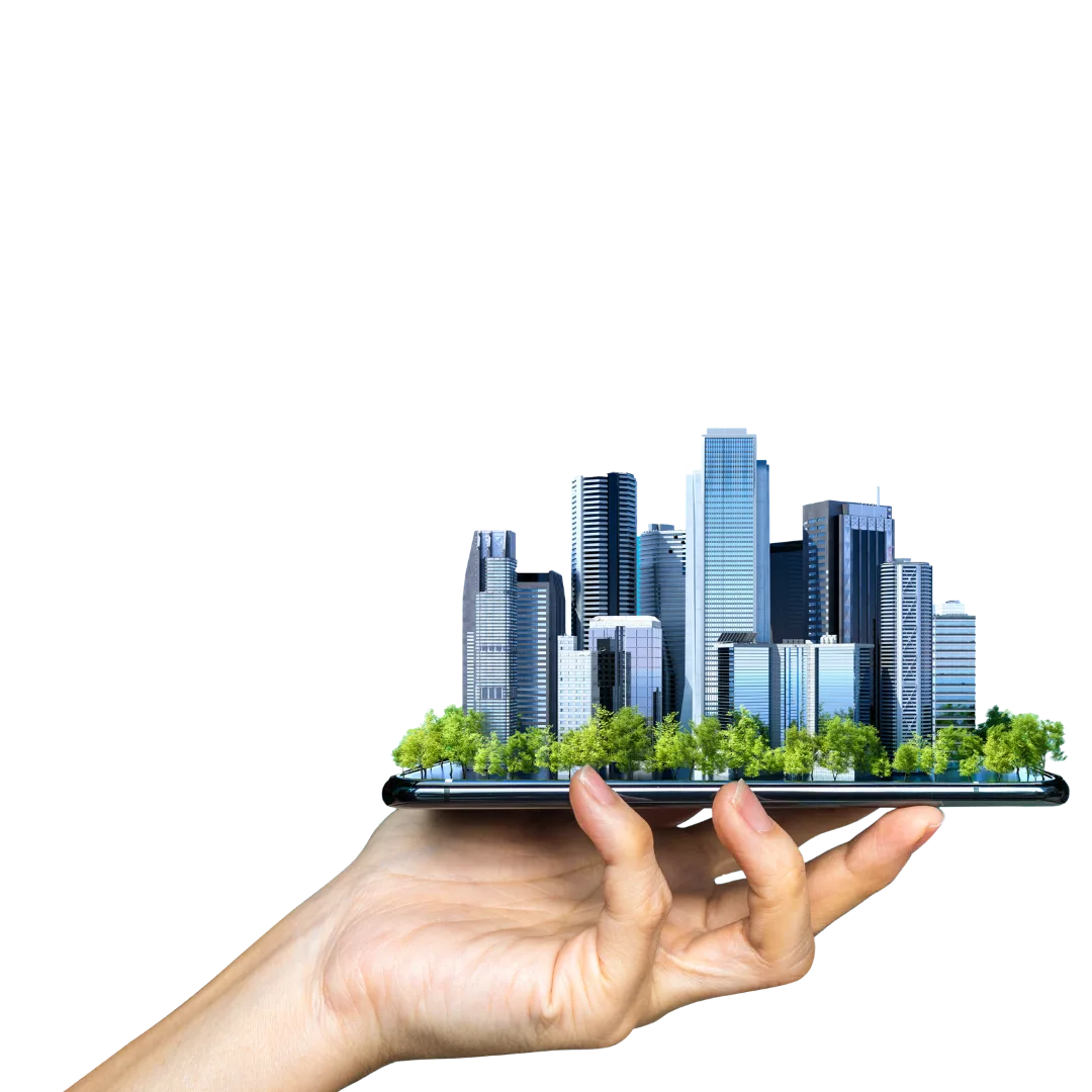 Mano sosteniendo un smartphone con la imagen de una ciudad con edificios, representando inversión inmobiliaria digital