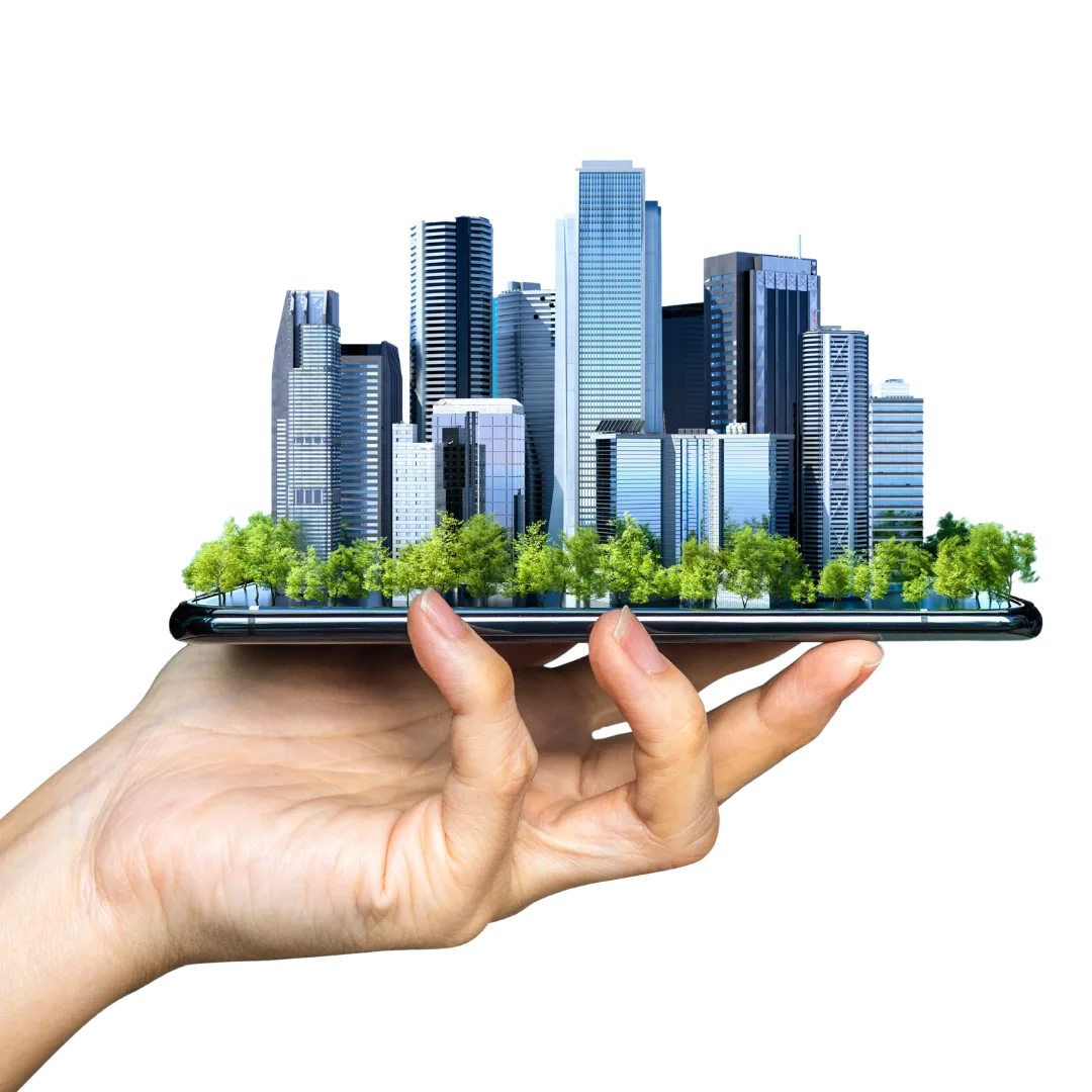 Mano sosteniendo un smartphone con la imagen de una ciudad con edificios, representando inversión inmobiliaria digital