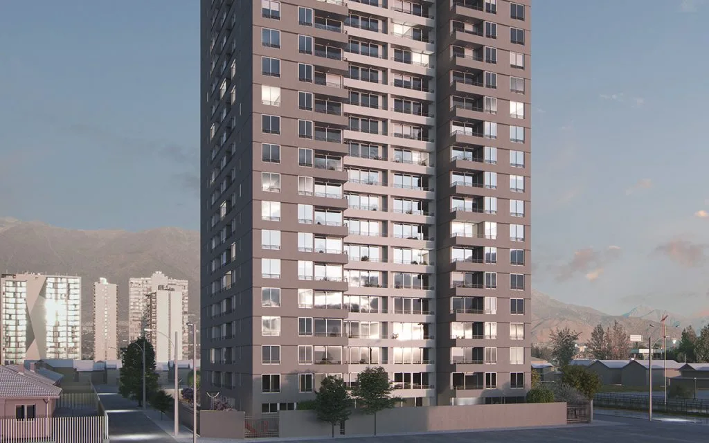 Render de fachada de edificio de departamentos en altura, proyecto cercano a Metro El Parrón
